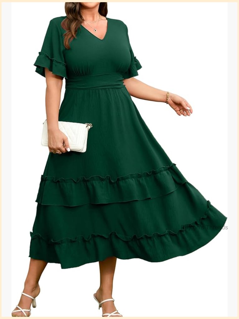 Ruffle Sleeve V-Neck A-Line Flowy Tiered Maxi Dress Plus Size